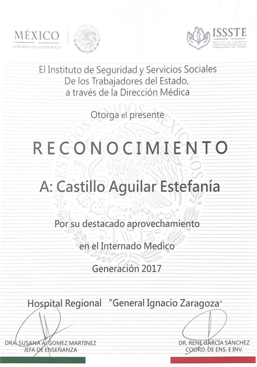 Diploma Dra. Estefanía Castillo Aguilar